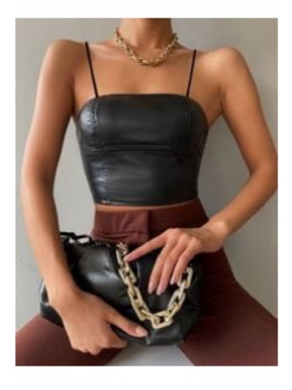 SHEIN Black Faux Leather Spaghetti-Strap Crop Camisole